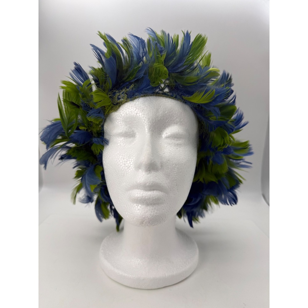 Vintage Feather Wig Hat Blue Green Mid-Century Style Millinery Headpiece